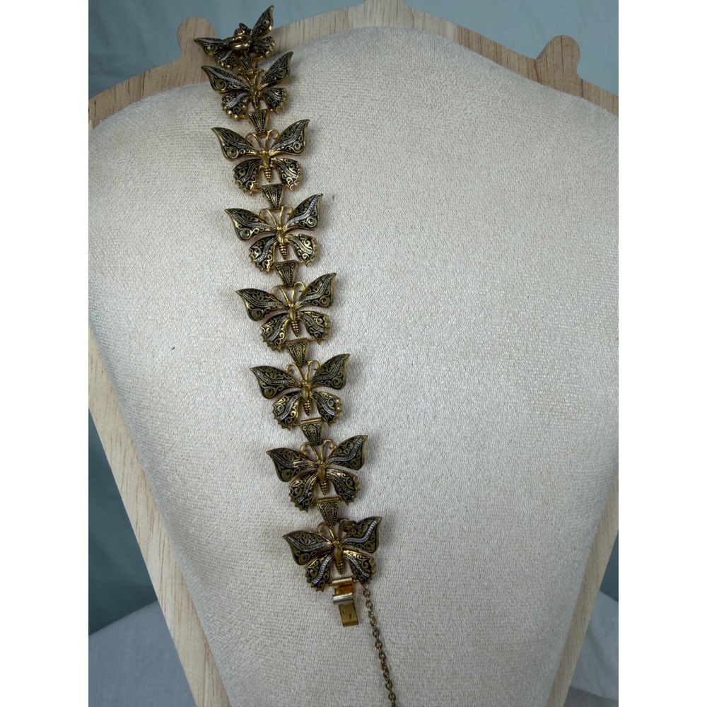 Vintage Damascene Butterfly Link Bracelet Gold Tone Black Etched Spanish Style